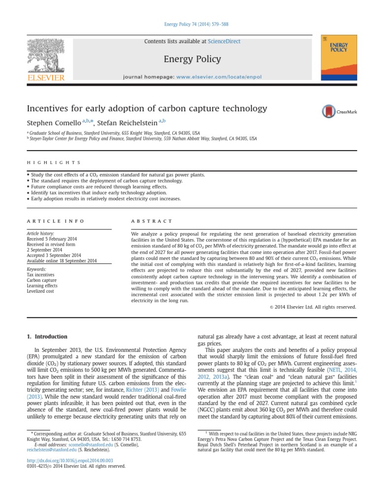 Incentives For Early Adoption of Carbon Capture Technology 2014 Energy ...