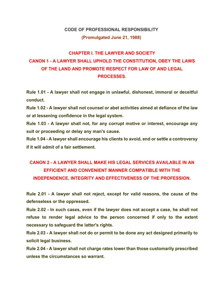 Code of Professional Responsibility PDF Lawyer Practice Of Law