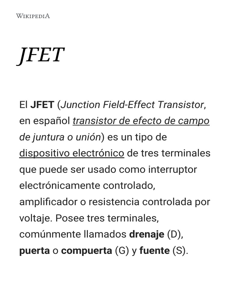 JFET Wikipedia, La Enciclopedia Libre PDF Transistor