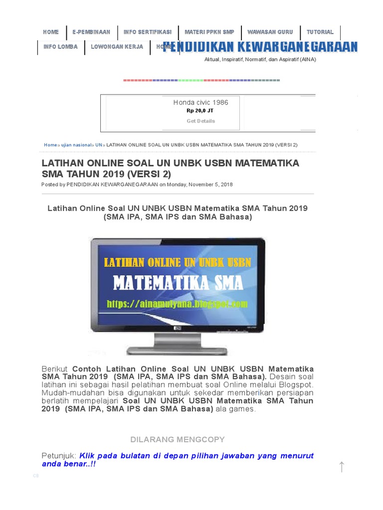 Latihan Online Soal Un Unbk Usbn Matematika Sma Tahun 2019 Versi 2 Pendidikan Kewarganegaraan