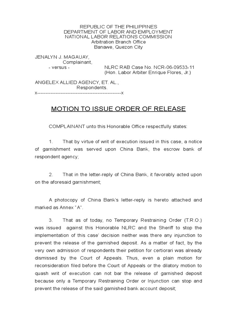 Motion To Issue Order of Release PDF Injunction Separation Of Powers