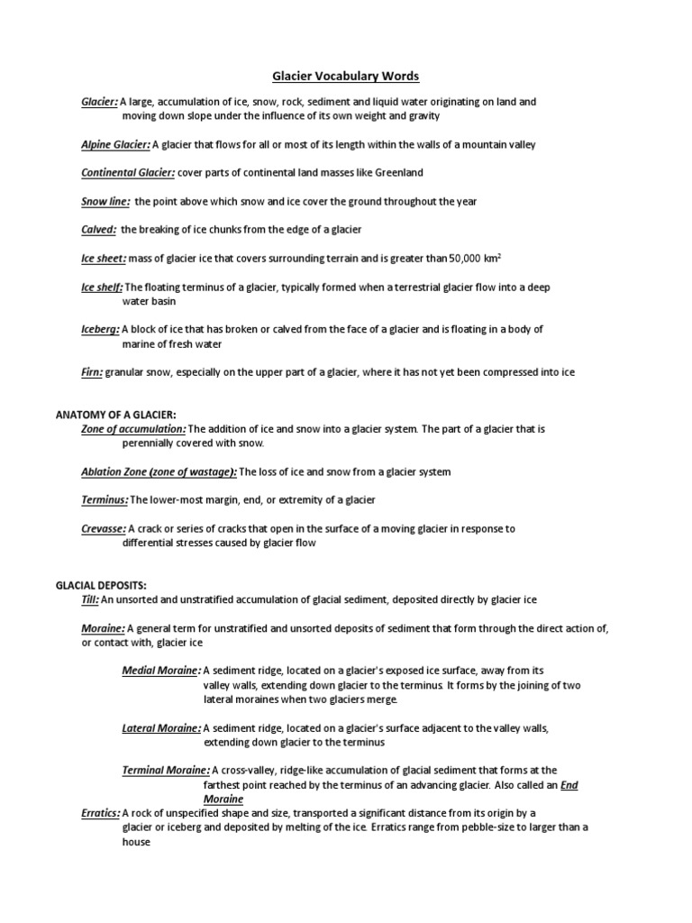 Glacier Vocabulary Words Completed 2 PDF Glacier Valley