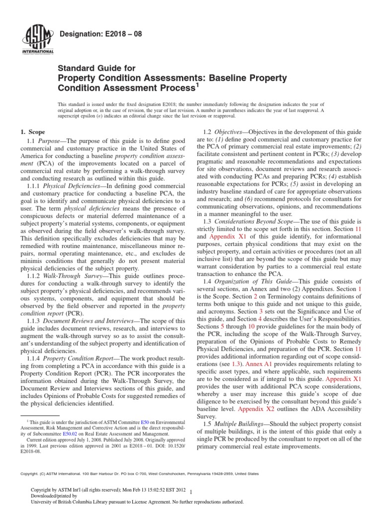 Property Condition Assessments: Baseline Property Condition Assessment ...