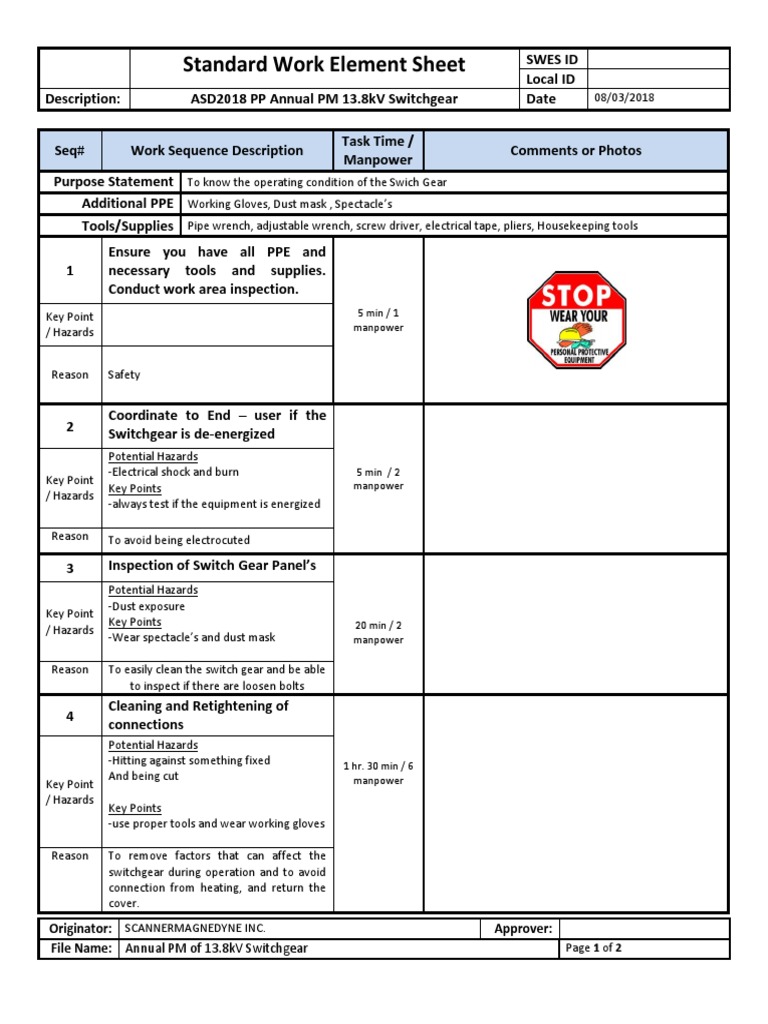 Standard Work Element Sheet: 5 Min / 1 Manpower | PDF | Personal ...