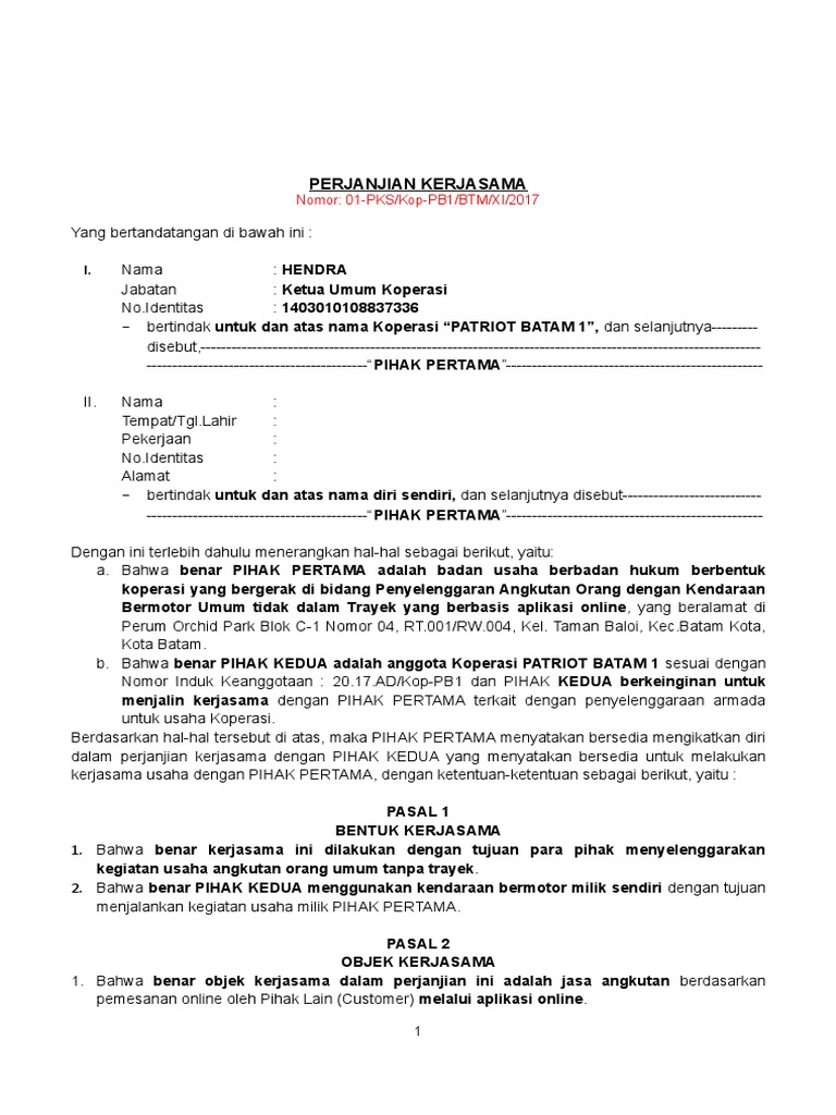Contoh Surat Perjanjian Kerjasama Jasa Angkutan