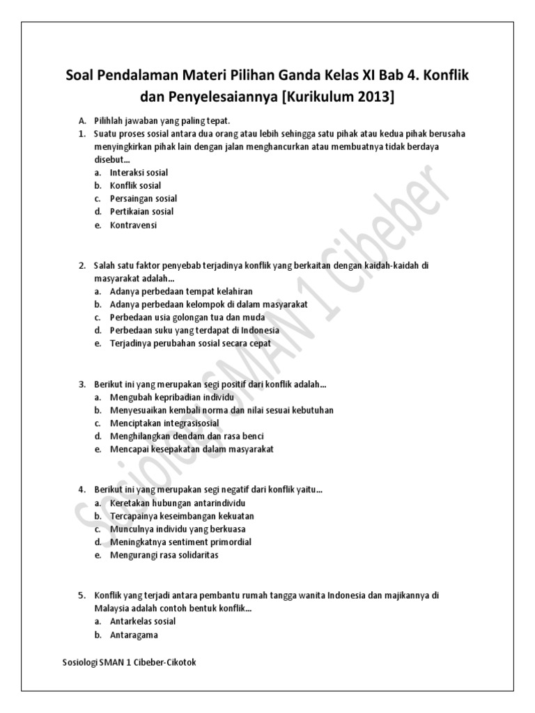 Soal Pendalaman Materi Pilihan Ganda Kelas Xi Bab 4 Konflik Dan Penyelesaiannya Kurikulum 2013