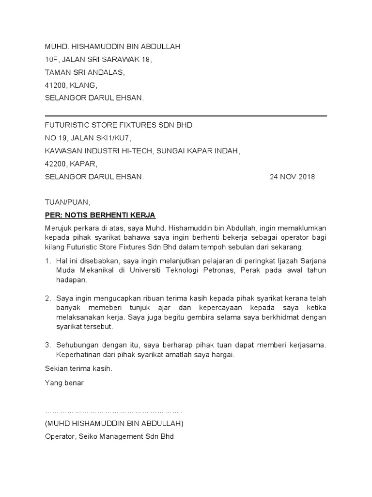 Contoh Surat Berhenti Kerja Kerana Mahu Berkahwin