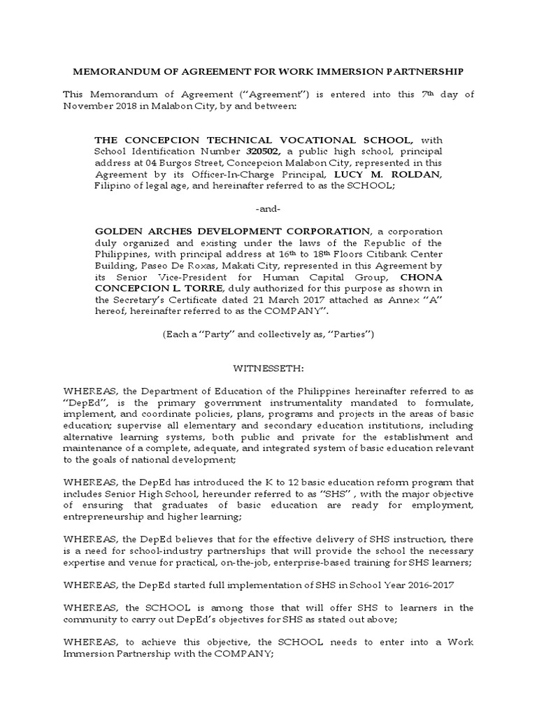 Finalized Memorandum Of Agreement Between Deped And Mcdonald S Ph Damages Employment