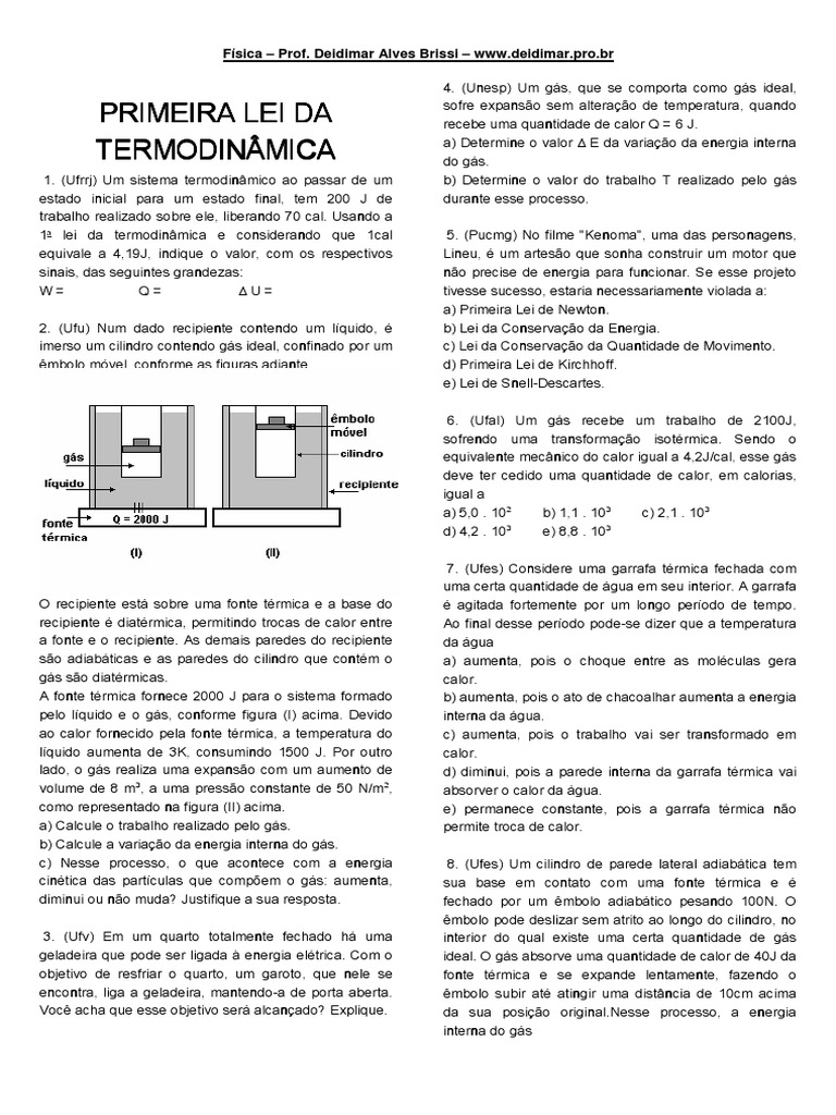Exercícios sobre a Primeira Lei da Termodinâmica | PDF | Calor ...
