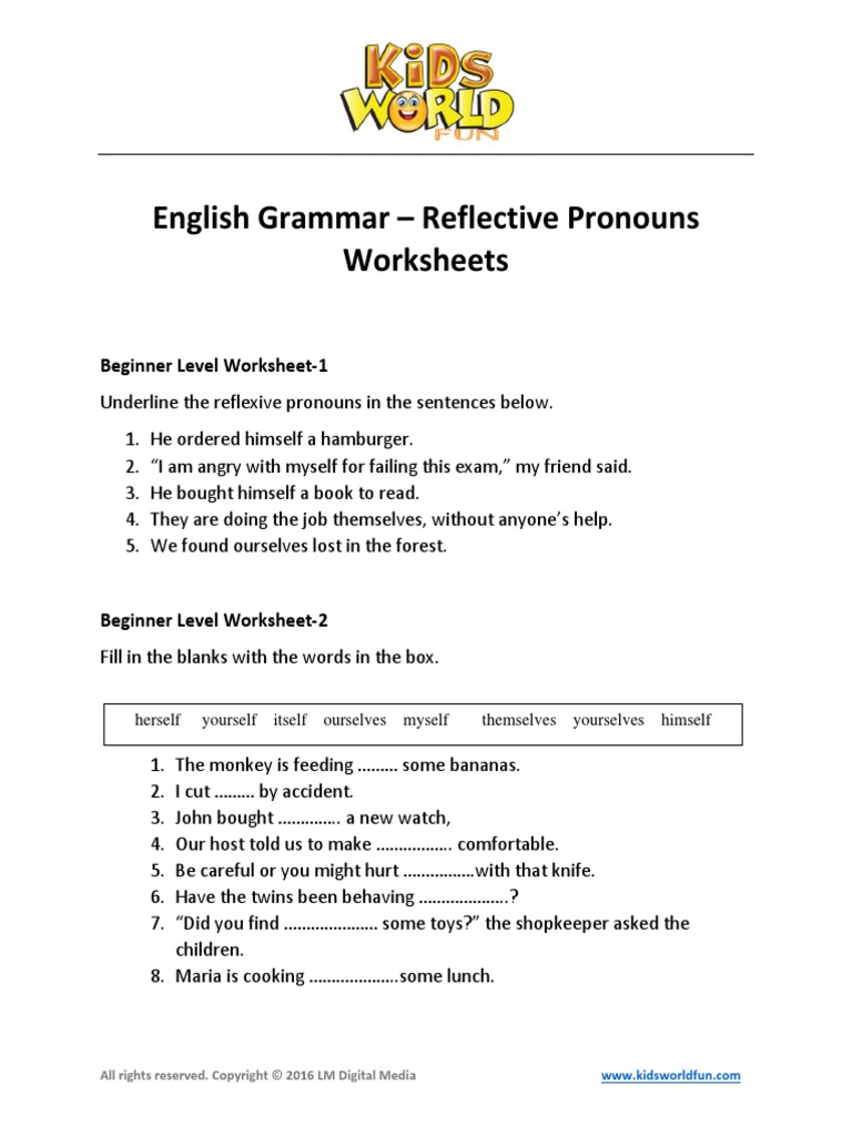 Reflexive Pronouns Worksheets