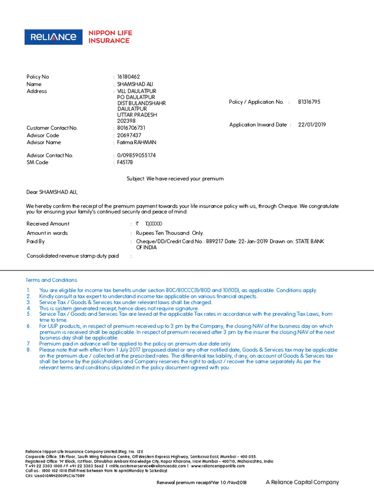 Life Insurance Premium Receipt Confirmation | PDF | Insurance | Life ...