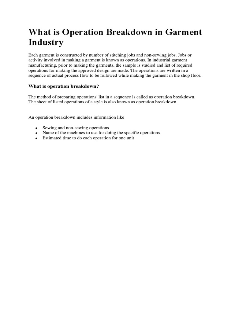 Operation Breakdown in Garment Industry | PDF | Seam (Sewing) | Sewing ...