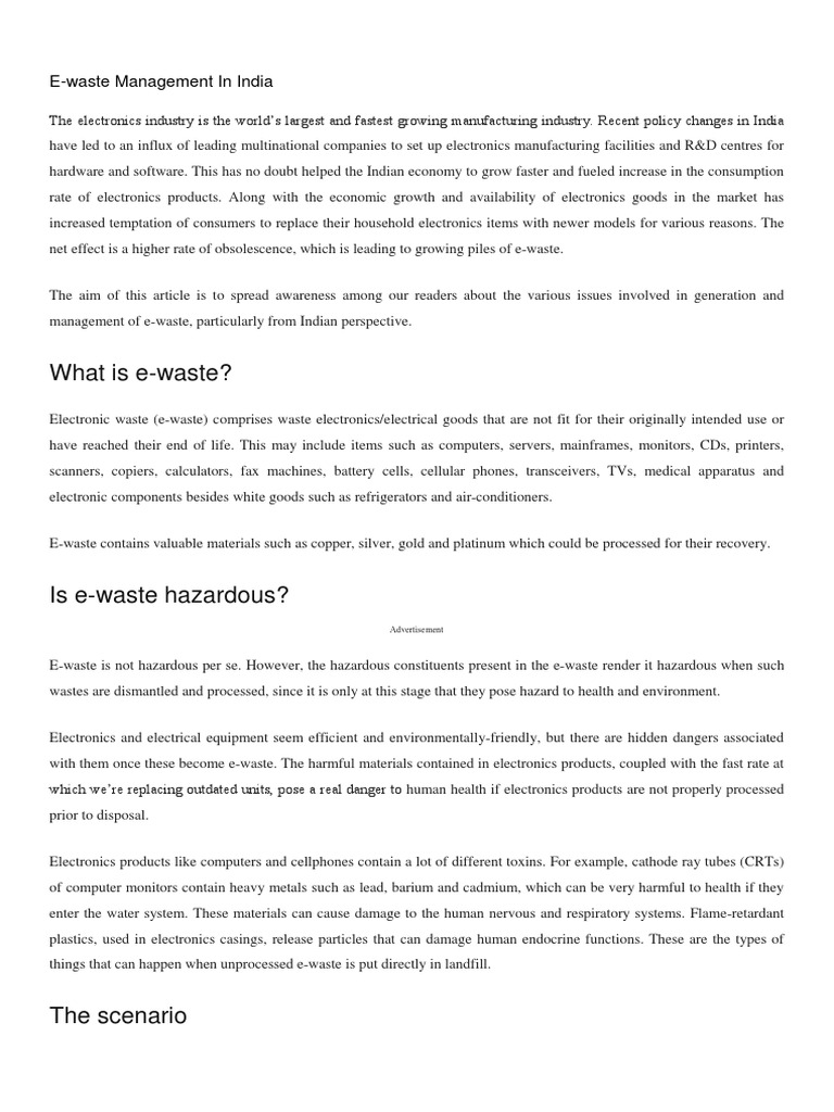 E-Waste Management Rules in India 2018 | PDF | Electronic Waste | Waste ...