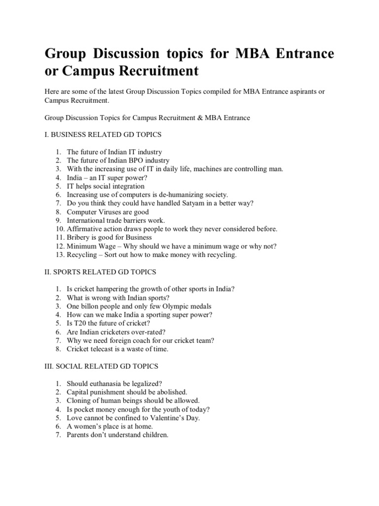 Group Discussion Topics For MBA Entrance or Campus Recruitment 