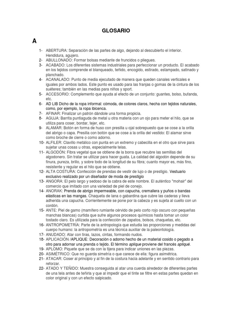 Glosario de términos de moda y confección | PDF | Ropa | Cordón