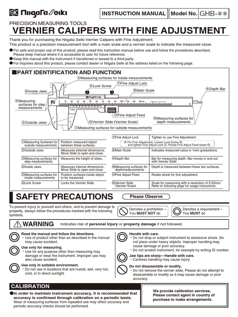 Vernier Calipers With Fine Adjustment Safety Precautions PDF Nature