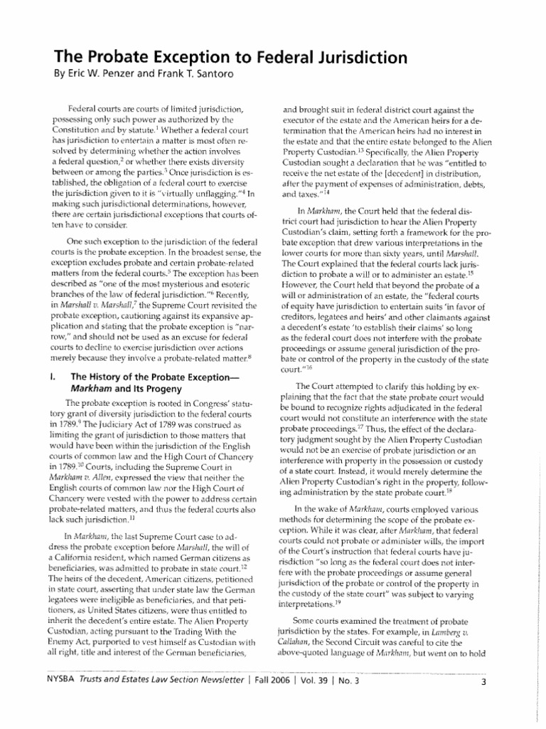 The Probate Exception To Federal J Urisdiction by Eric W. Penzer and