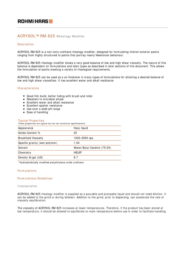 ACRYSOL™ RM-825: Rheology Modifier | Download Free PDF | Rheology | Paint