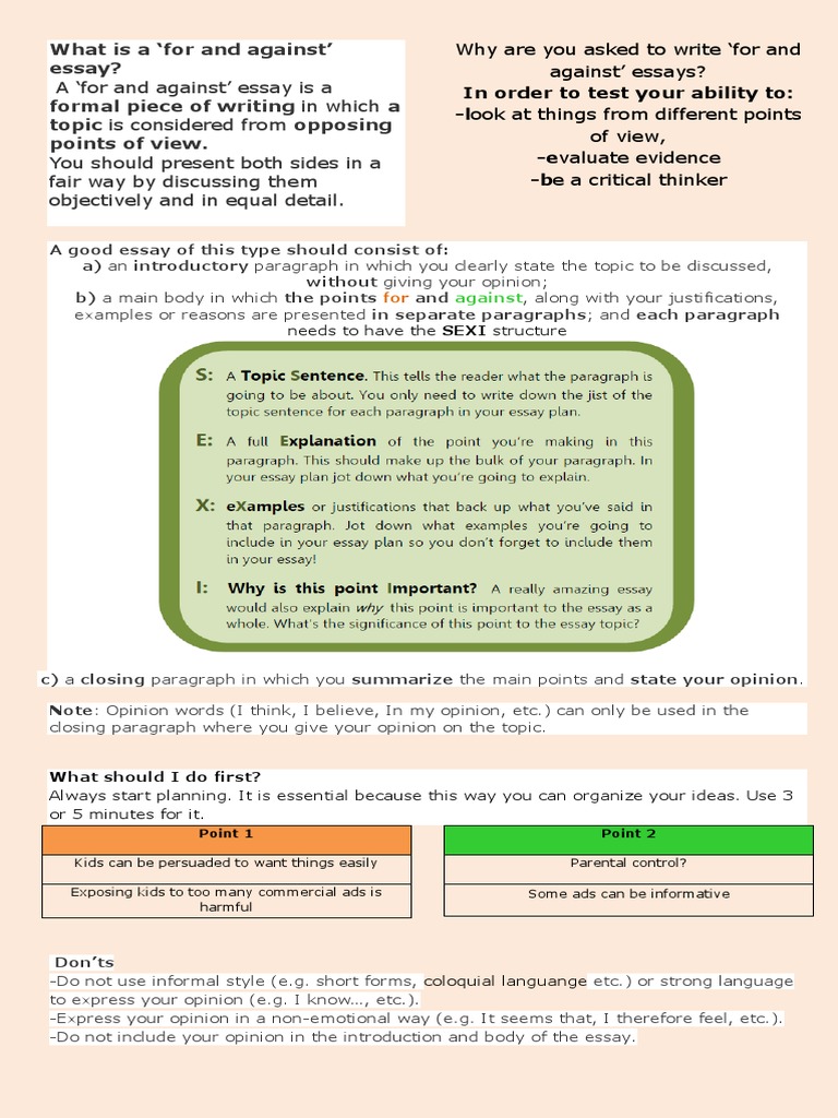 Guidelines 4 A For And Against Essay Essays Paragraph