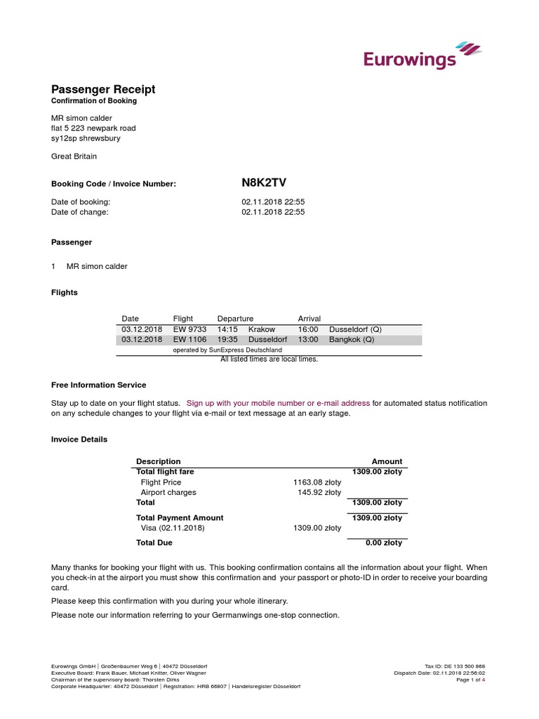 Passenger Receipt: Booking Code / Invoice Number | PDF | Baggage | Business