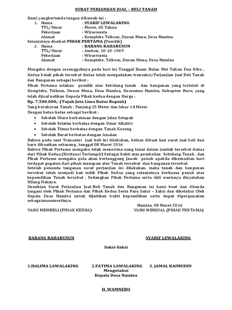 Surat Perjanjian Jual Beli Tanah