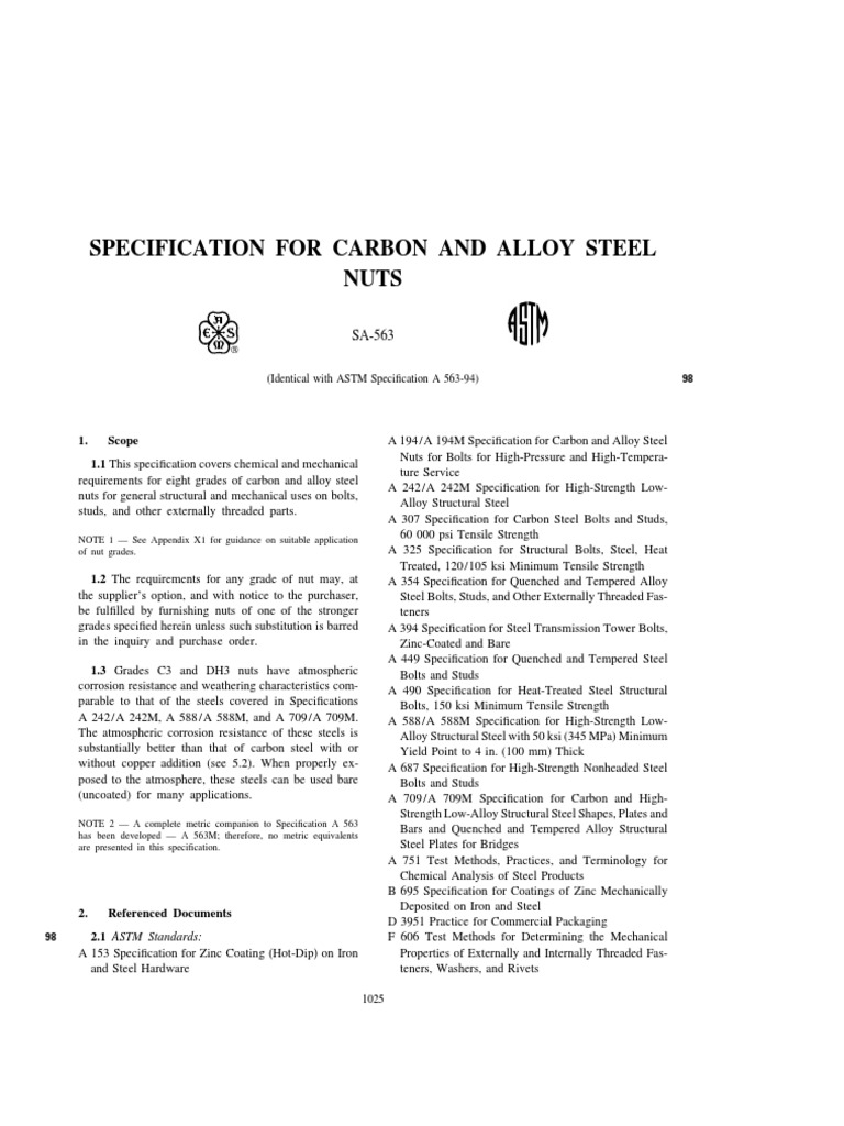 Asme Sa563 Specification For Carbon and Alloy Steel Nuts PDF Screw