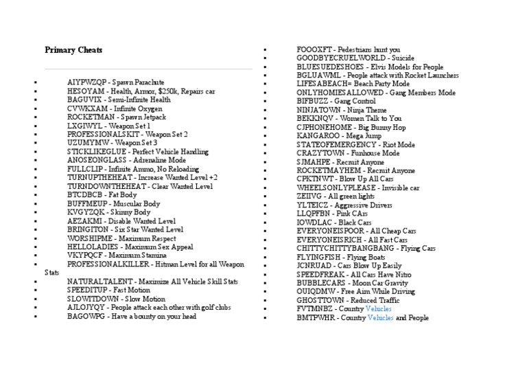 Primary Cheats: Vehicles Vehicles | PDF | Car | Vehicles