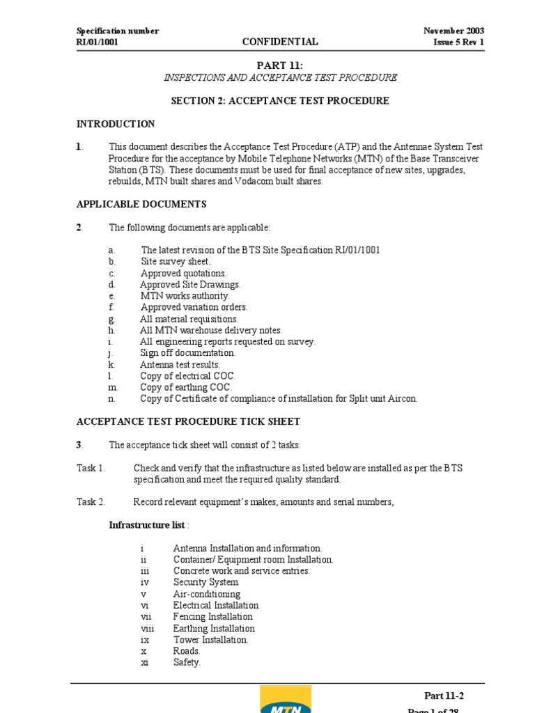 BTS Acceptance Test Procedure Guide | PDF | Screw | Specification ...