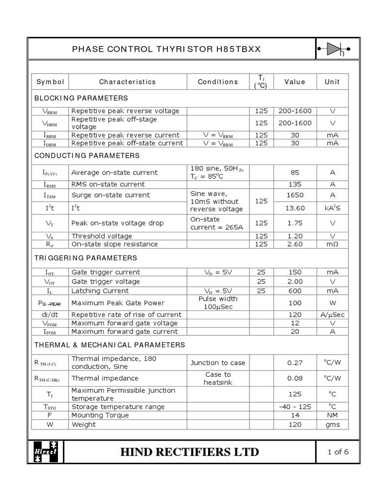 H85TBXX Phase Control Thyristor Specs | PDF