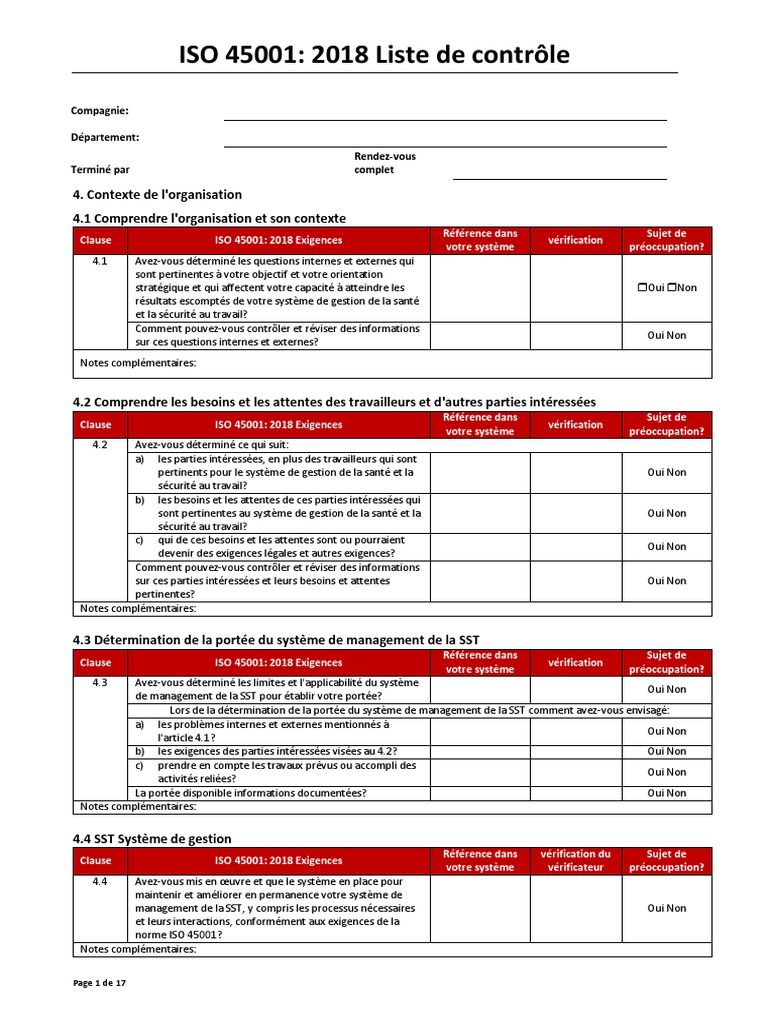 ISO 45001 2018 Audit Check List French  Risque  Processus d'affaires
