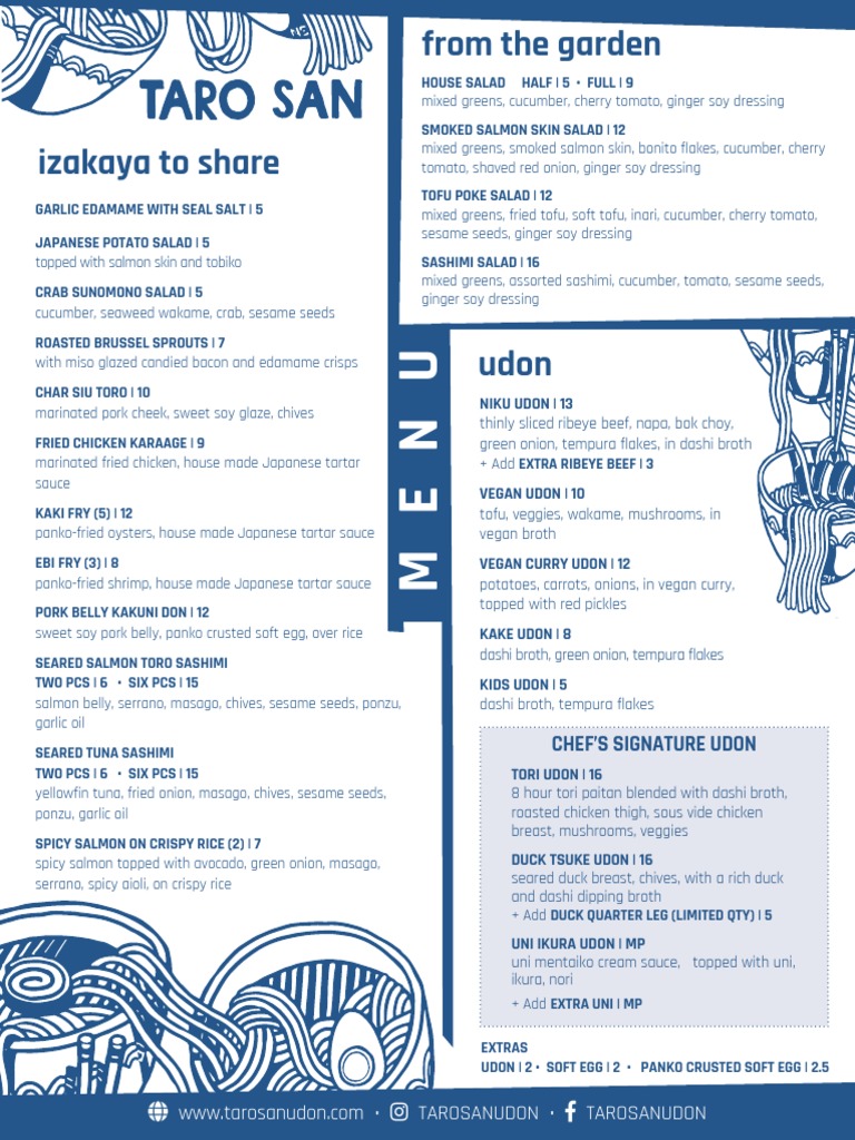 Taro San Menu | PDF | Tofu | Salad