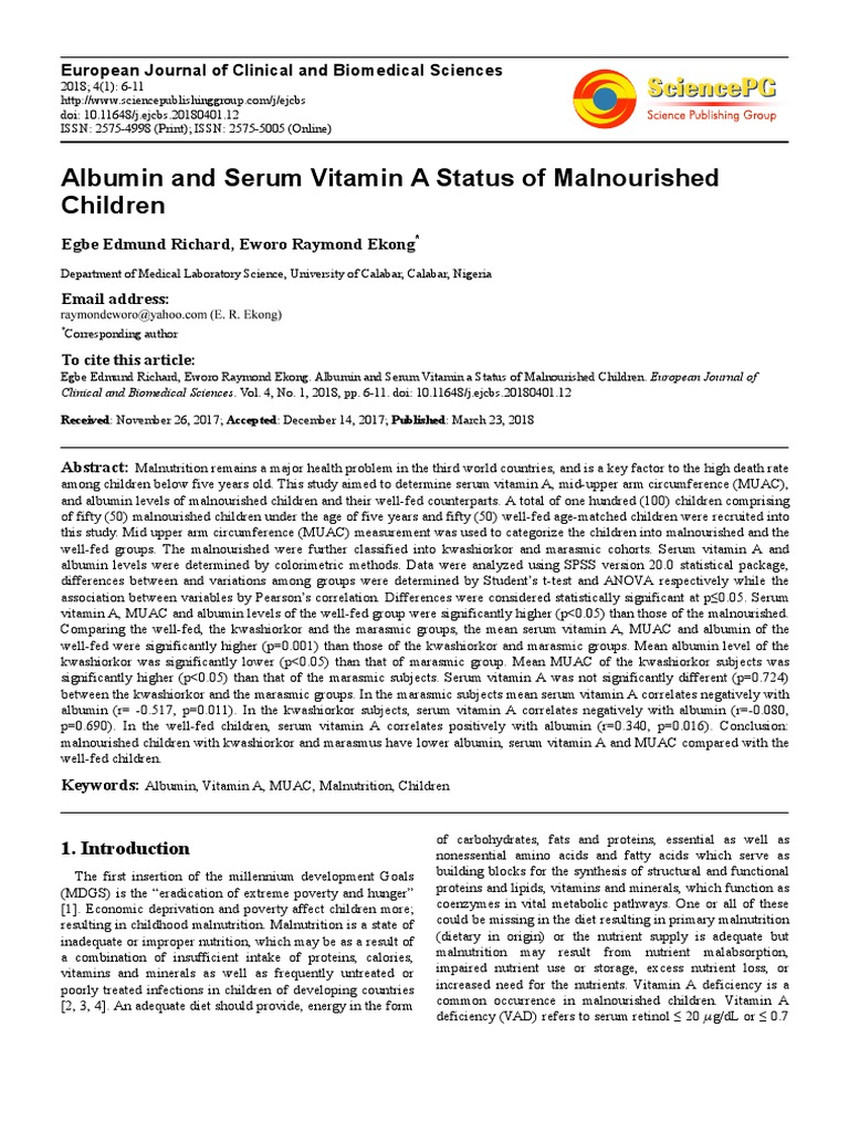 Albumin and Serum Vitamin A Status of Malnourished Children | PDF ...