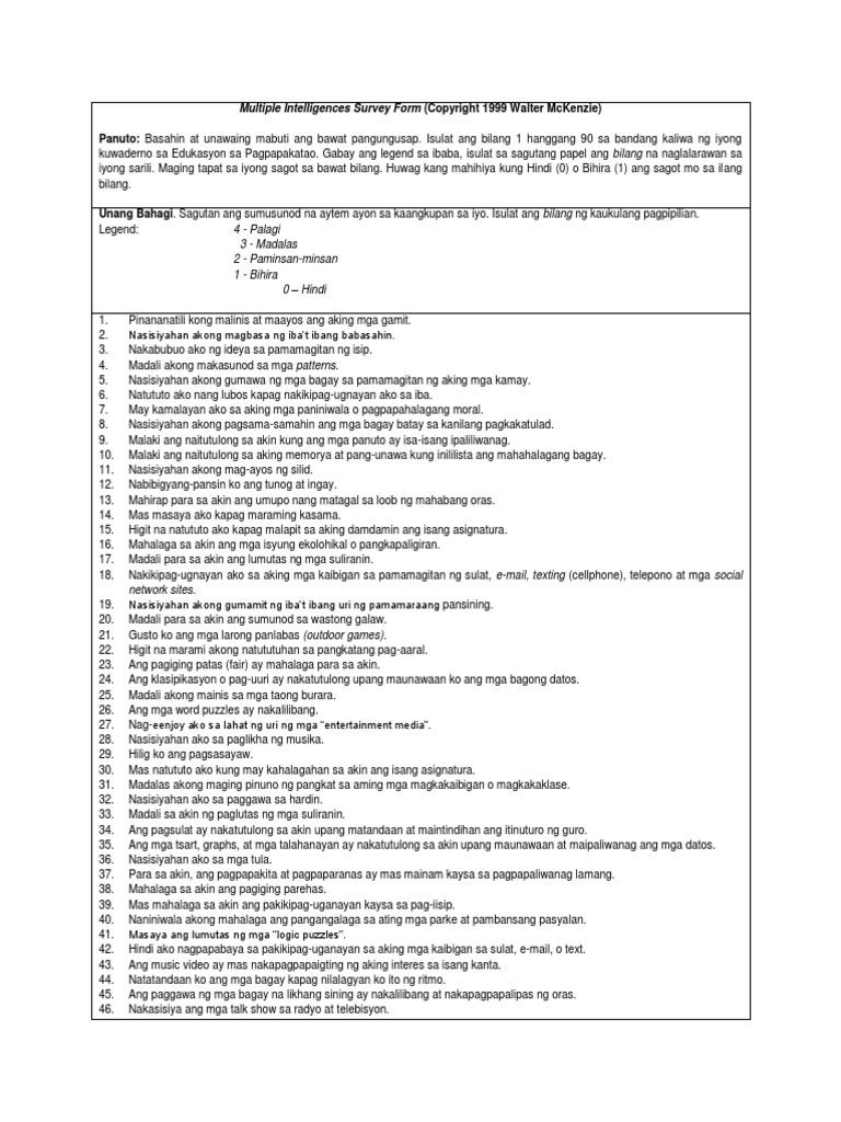 Multiple Intelligences Survey Form | PDF