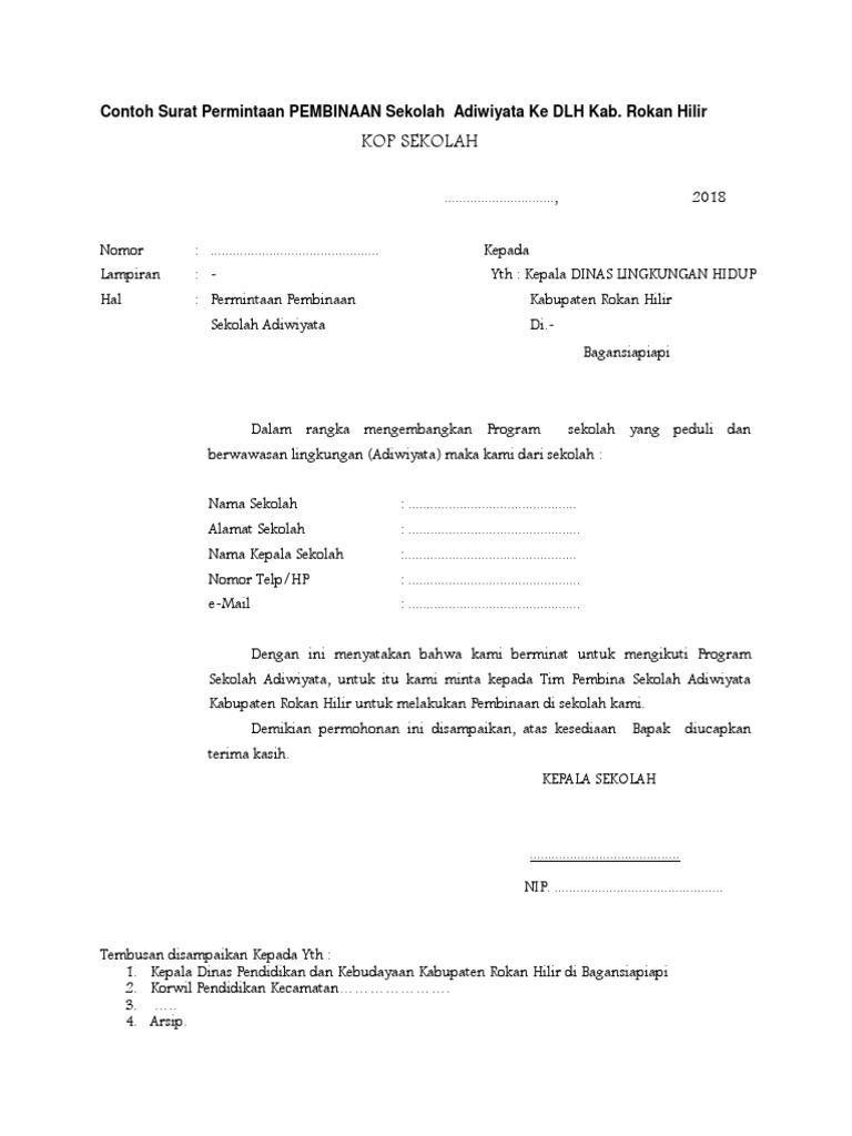 Contoh Surat Permintaan Pembinaan Dan Penilaian Adiwiyata Ke Dlh Rokan Hilir