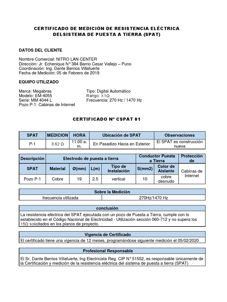 CERTIFICADO DE MEDICIÓN DE RESISTENCIA ELÉCTRICA DELSISTEMA DE PUESTA A TIERRA.docx Fuerza