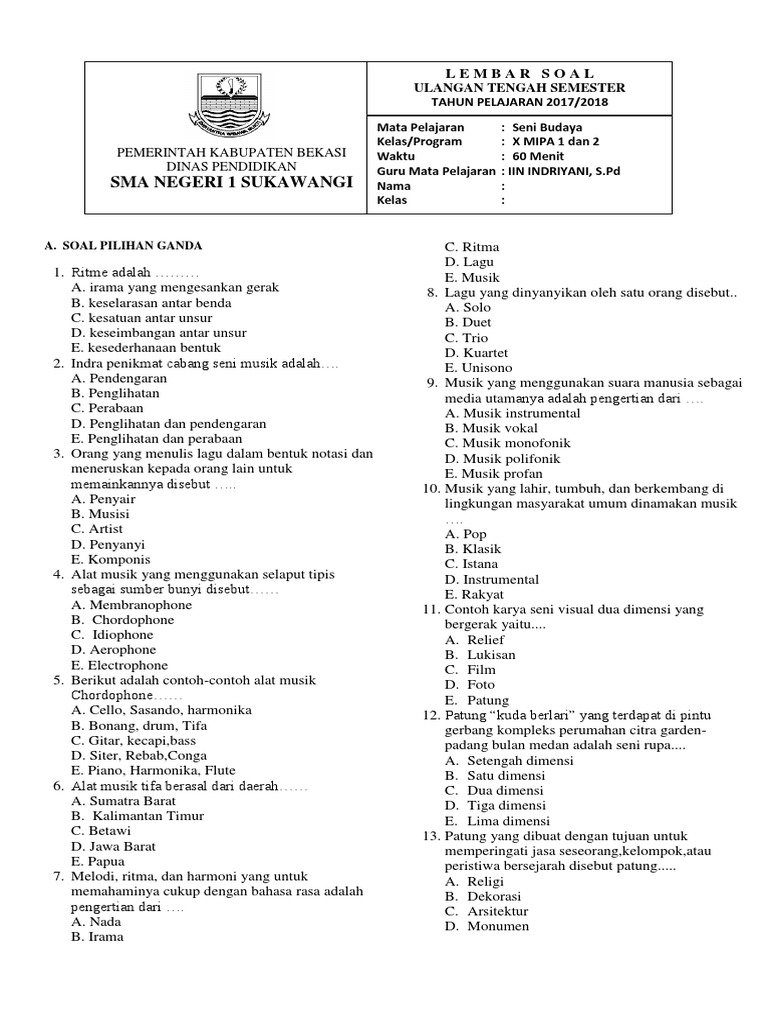 Soal Seni Budaya Kls X