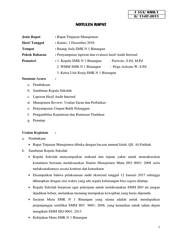 Notulen Tinjauan Manajemen ISO 9001 | PDF | Bisnis