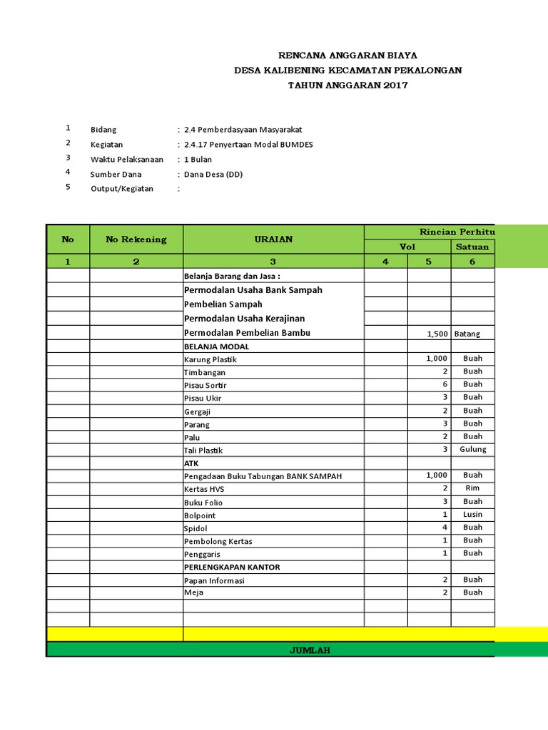 Contoh rab excel dana desa