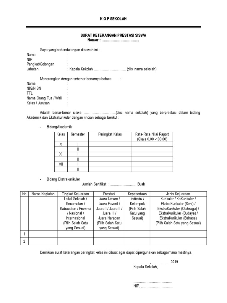 Contoh Surat Keterangan Prestasi
