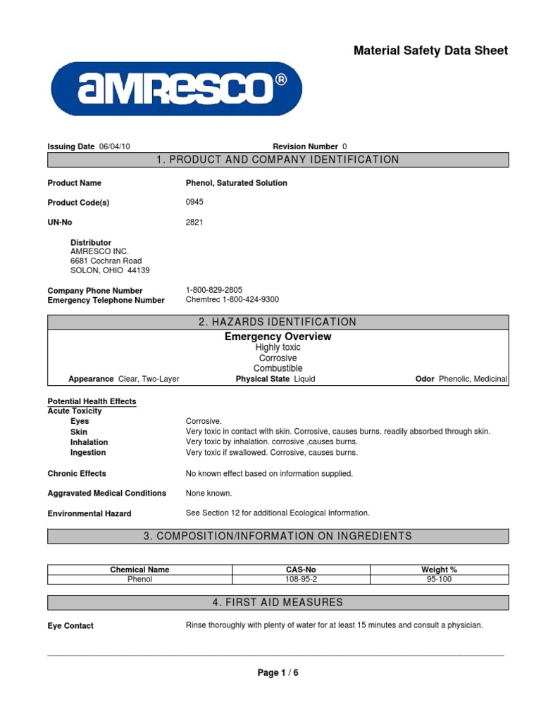 Phenol MSDS | PDF | Personal Protective Equipment | Resource ...