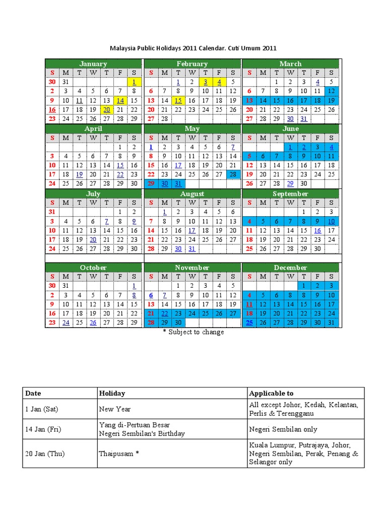 Malaysia Public Holidays 2011 Calendar  PDF