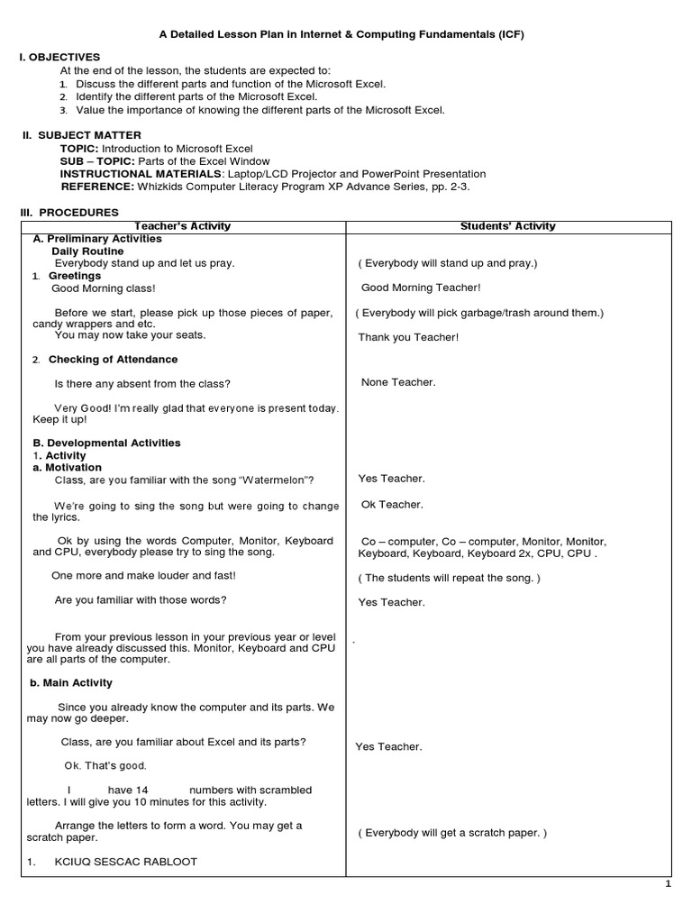 Detailed Lesson Plan in ICT Excel | PDF | Microsoft Excel | Spreadsheet