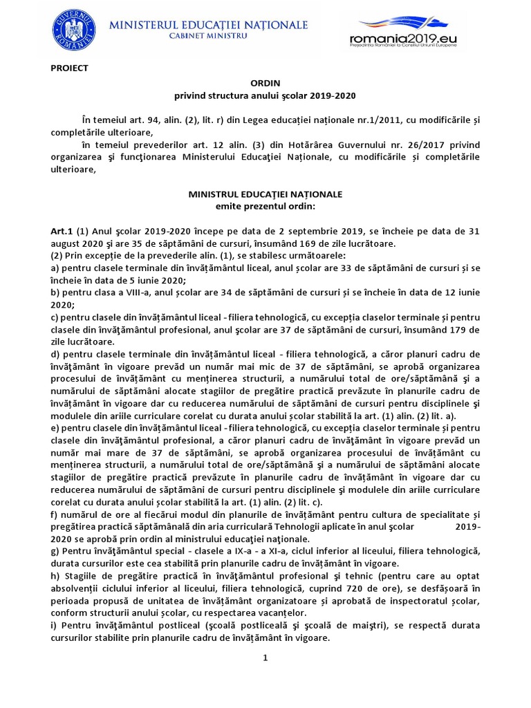 Ordin Privind Structura Anului Scolar 2019 2020