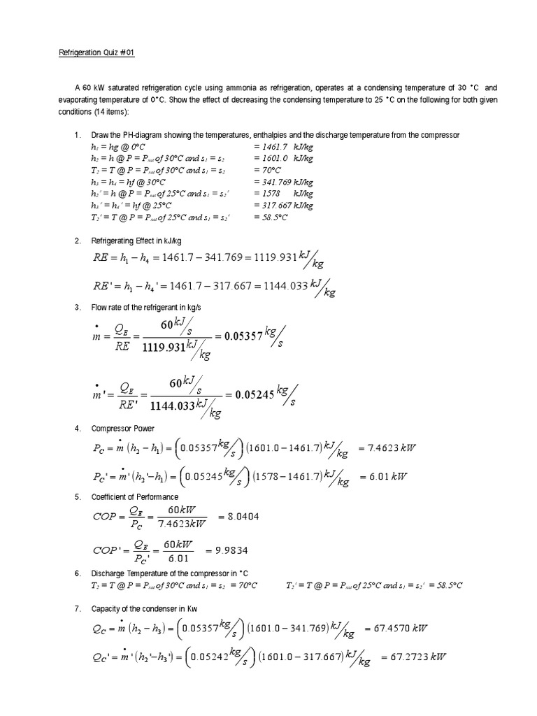 Refrigeration Systems Quiz 1 PDF Refrigeration Chemical Engineering
