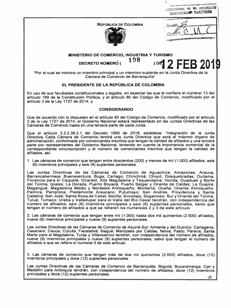 Decreto 198 del 12 de Febrero de 2019 Cámara de Comercio Política
