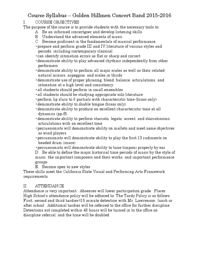 Course Syllabus Golden Hillmen Concert Band 20152016 PDF Leisure Entertainment (General)