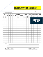 Fatima Masjid Generator Log Sheet: GAS Meter ON Off KWH P.F Lub Oil J/W Battery Cooling Tower Time K.W Amp Volt HZ R/H