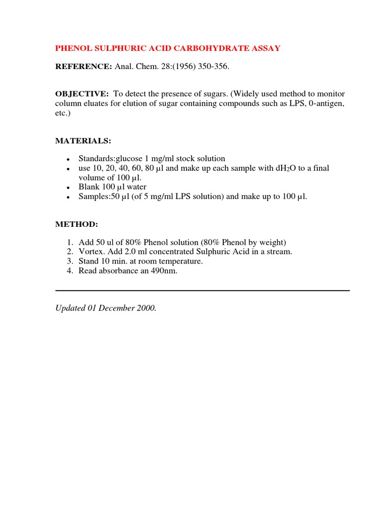 Phenol Sulphuric Acid Carbohydrate Assay PDF