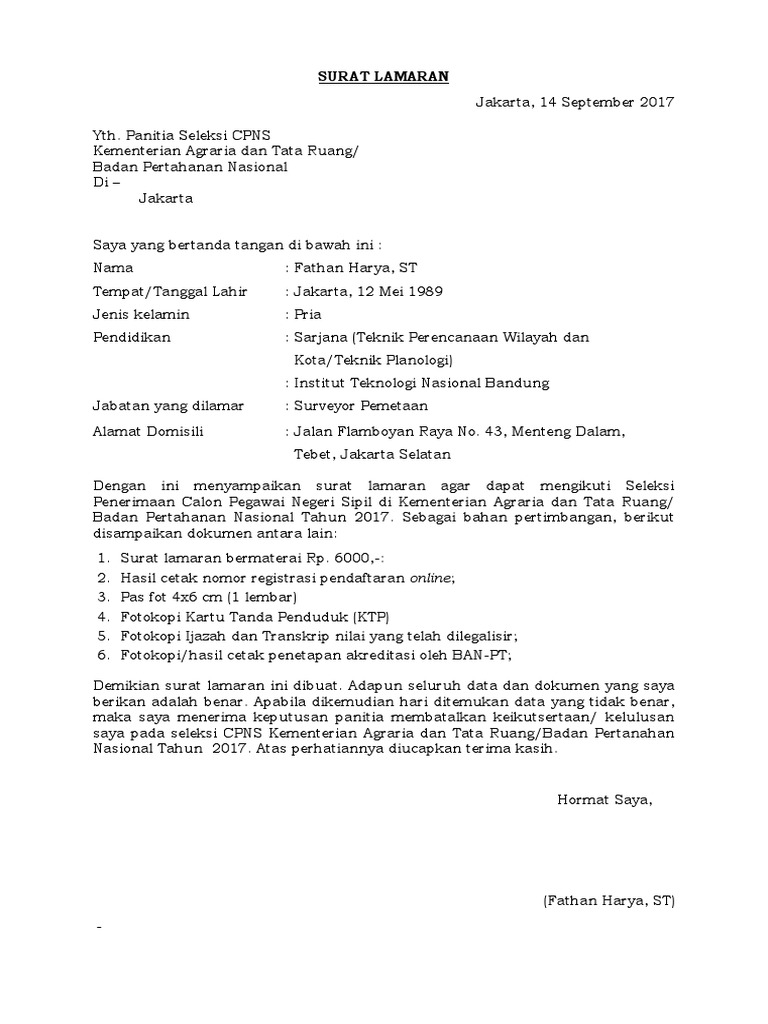 Surat Lamaran Atrbpn Fathan
