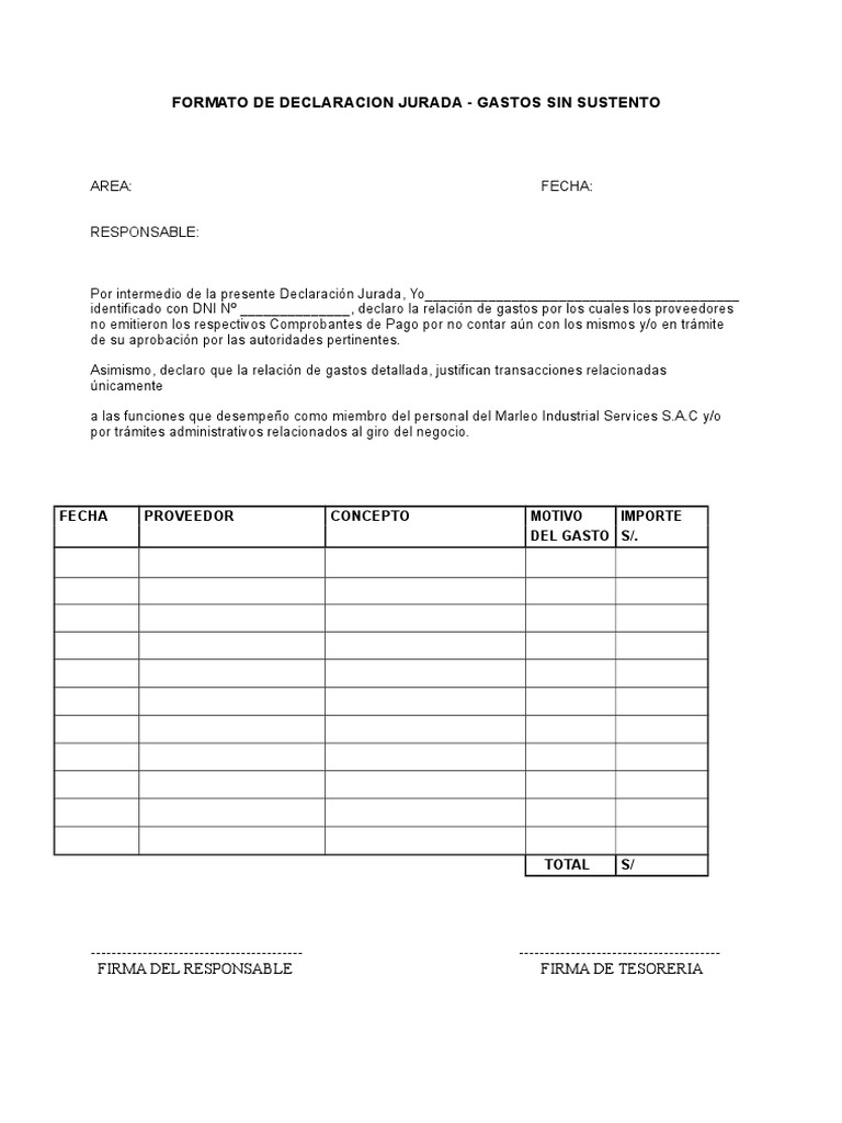 Formato de Declaración Jurada de Gastos | PDF | Negocios | Finanzas y ...